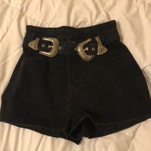 Black denim shorts with belt